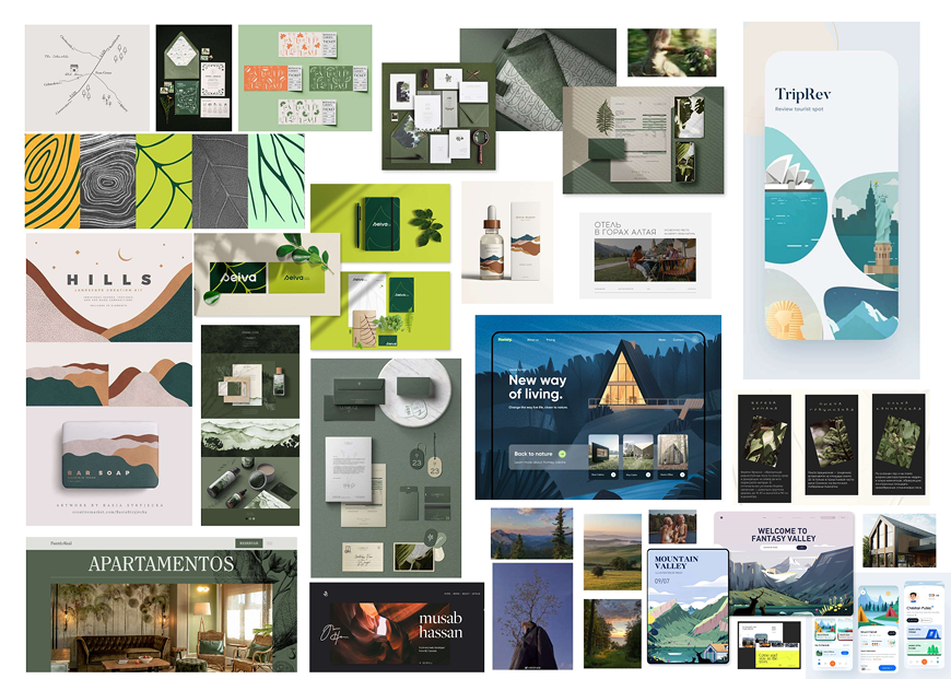 Eco resort website moodboard with nature-inspired design elements