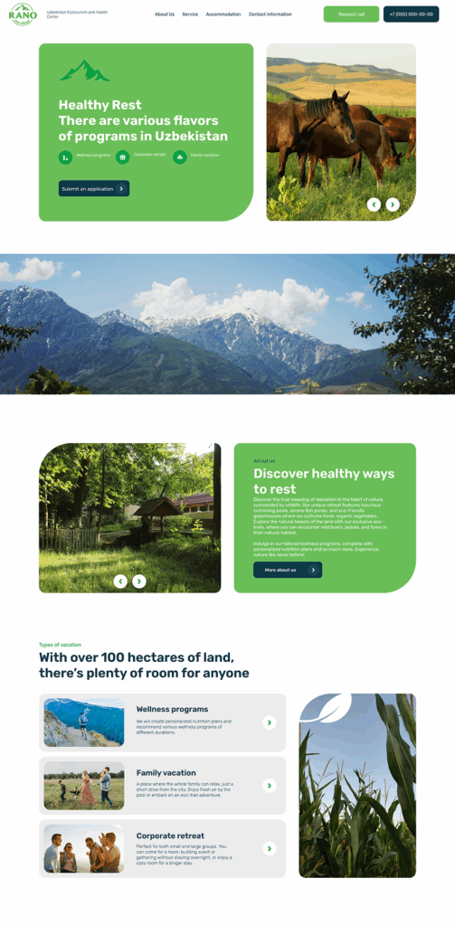 Eco resort website homepage design with clean layout and nature colors