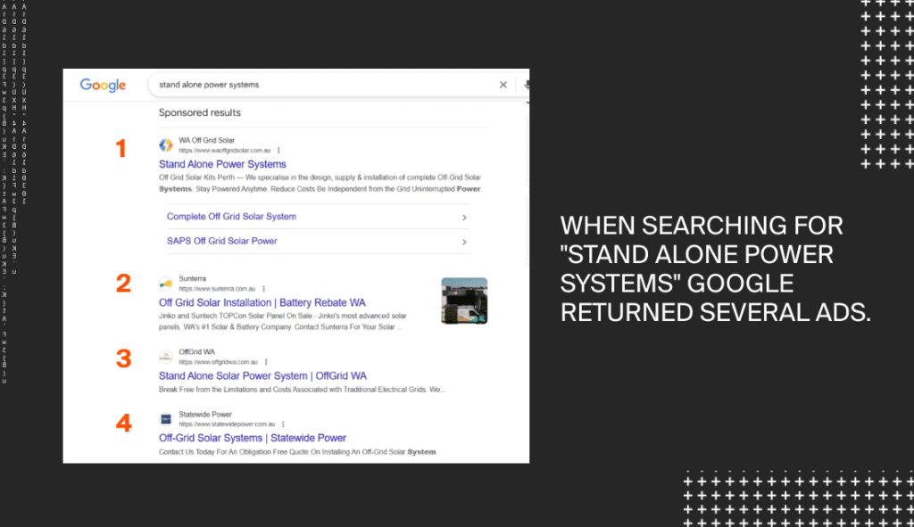 When searching for "stand alone power systems" Google returned several ads.